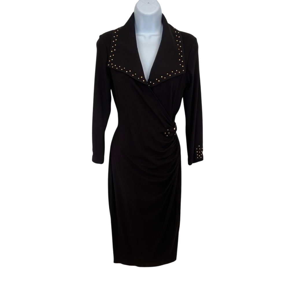 Caché black bodycon dress studded details V neckline soft stretchy jersey small